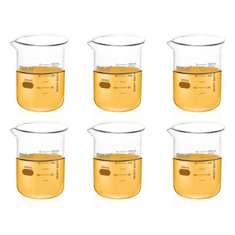 ULAB Scientific Glass Beaker Set, Vol. 200ml, 3.3 Borosilicate Griffin Low Form with Printed Graduation, Pack of 6, UBG1022 - Image 1
